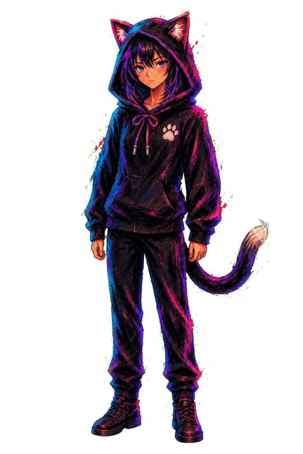 荒い光の筆致で描かれたWabigashi Fumiの全身像